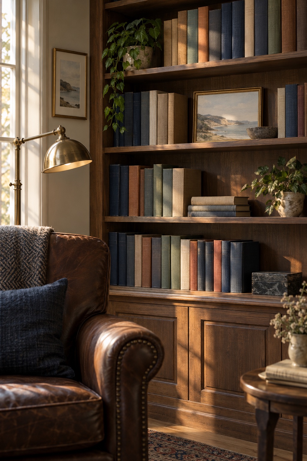 Bookshelves of clinical reference books beside a reading lamp in warm afternoon light.