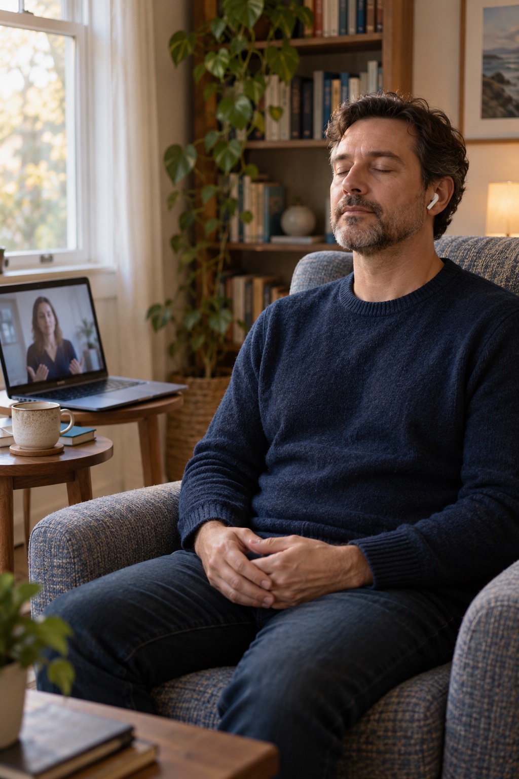 A practitioner seated in an armchair with eyes closed, taking part in a guided practice exercise during a live online session.