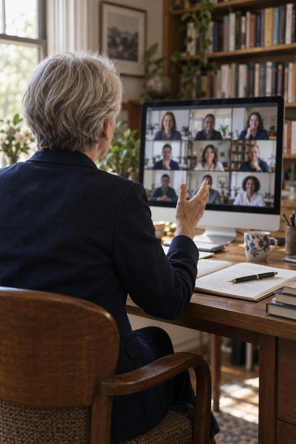 A clinician-educator, seen from behind, teaching a live online class from a desk.